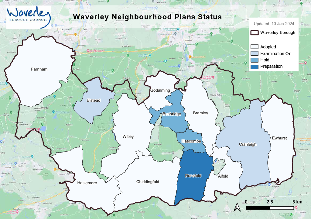 Map showing the status of Neighbourhood Plans in Waverley (updated 10 January 2024)